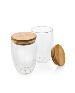 Set 2 pahare cu perete dublu din sticlă borosilicata cu capac din bambus, 350 ml