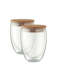 Set 2 pahare cu perete dublu din sticla de 350 ml, cu capac din bambus