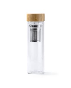 Sticla cu perete dublu din sticla borosilicata – 420 ml, capac bambus, cu infuzor pentru ceai