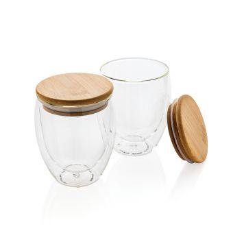 Set 2 pahare cu perete dublu din sticlă borosilicata cu capac din bambus 250 ml