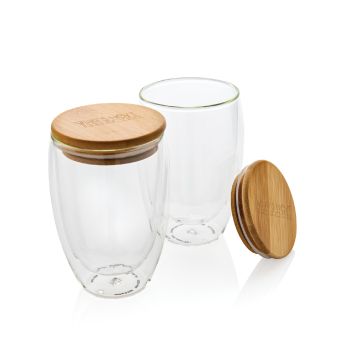 Set 2 pahare cu perete dublu din sticlă borosilicata cu capac din bambus, 350 ml