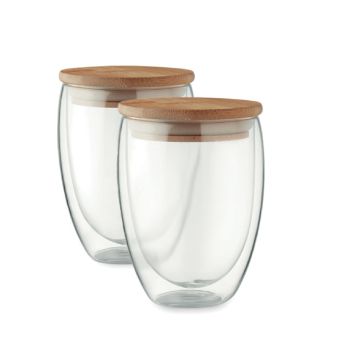 Set 2 pahare cu perete dublu din sticla de 350 ml, cu capac din bambus